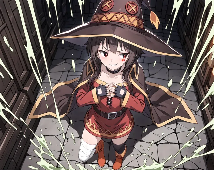 (Megumin,hands on her chest , smirk face, fire shape eyes, full body, tight clothes, mage clothes), (slender, petite, flat chested),  (stone dungeon room, light with torchs, low light, webs around, green sticky liquid on the floor,  kawaii, cute,(Highly de...