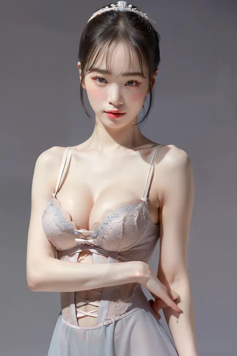 highest quality, masterpiece, Ultra-high resolution, (Realistic:1.4), RAW Photos, 1 17-year-old girl, simple gray background, ((Too much exposure、ballerina、I can see her cleavage)), Looking at the audience