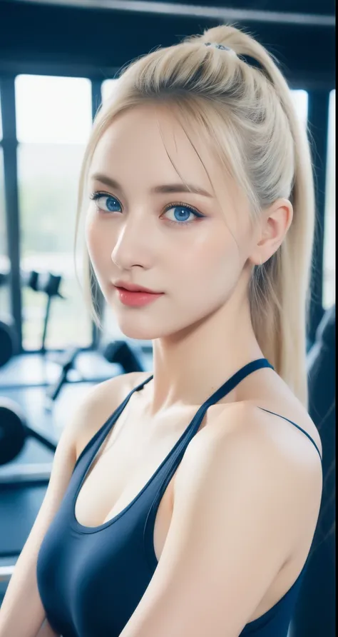 a beautiful blonde-haired girl with blue eyes, wearing tight athletic clothes, doing workout in the gym, muscular fit body, hair tied up, extremely detailed, photorealistic, 8k, best quality, masterpiece, extremely detailed face, beautiful detailed eyes, b...