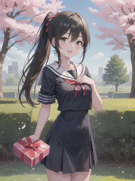 A stunningly beautiful 20-year-old woman stands in a lush green park full of cherry blossoms in full bloom under a clear blue sky. She is wearing a classic sailor uniform and holds a neatly wrapped gift box with a red ribbon in both hands in front of her c...