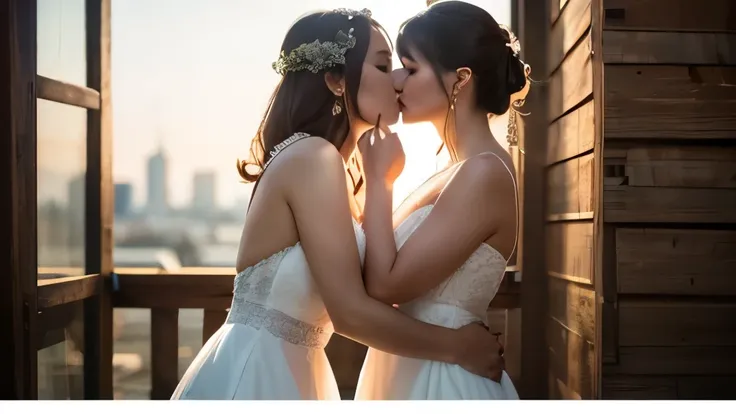 a romantic couple, 2 young women in their 20s, wearing wedding dresses, embracing and kissing passionately, large breasts, mini skirts, full body, outdoor, daytime, (best quality,4k,8k,highres,masterpiece:1.2),ultra-detailed,(realistic,photorealistic,photo...