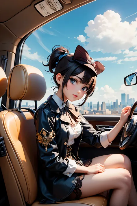 ( top quality:1.2)。steampunk。 two girls。 steampunk Japanese high school girl 。I'm driving a steampunk classic car。Drive safely and have fun 。 The background is a steampunk Victorian cityscape 。Blue sky and white clouds。