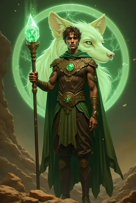 "A Earth-Magic-powered 25-year-old Egyptian male God in a Brown and Emerald-Green suit with Brown metal details, with an Emerald-Green metal Fox symbol on the chest. Holding a staff made of Emerald Crystal. Holographic streams of Brown energy surrounding s...