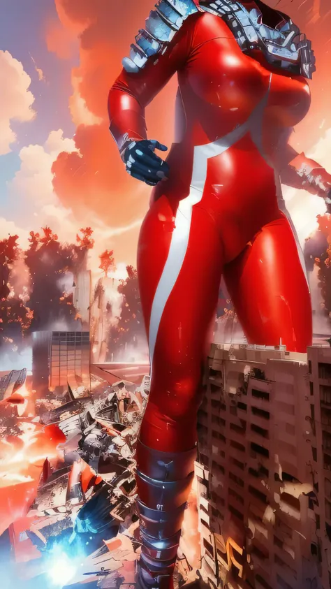  Young Female Giants Ultra Seven ， Japanese Vermilion Giant Hero Battle ,  young beautiful woman Ultra Seven ,  red catsuit，red giant, Giant destroying a city,  Huge Beautiful Woman , Giants crossing buildings,  Tight Red Bodysuit White Boots，It digs into ...