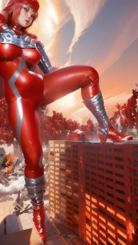  Young Female Giants Ultra Seven ， Japanese Vermilion Giant Hero Battle ,  young beautiful woman Ultra Seven ,  red catsuit，red giant, Giant destroying a city,  Huge Beautiful Woman , Giants crossing buildings,  Tight Red Bodysuit White Boots，It digs into ...