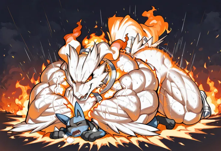 4k ultra quality, 4k full body view,masterpiece quality, large reshiram, small lucario, wrestling,Rear_Naked_Choke, choke_hold,(reshiram is giant bulky muscular, massive strong body, open eyes, evil grin, looking down, burning body, sweaty, steamy breath,t...