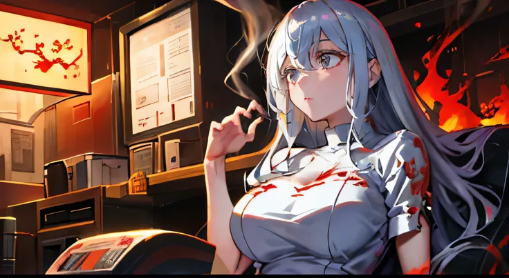 The character is half beside 　 beautiful girl, Silver-haired beauty,  long hair, Big Breasts, inflammation, cigarette草, cigarette, Blood, 　machine