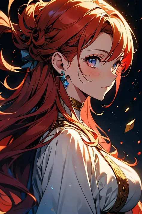 redhead woman. anime. Fantasy.  A bit medieval off-white clothing. beautiful.  Textured Skin. details. High resolution. Focus on details. Best quality