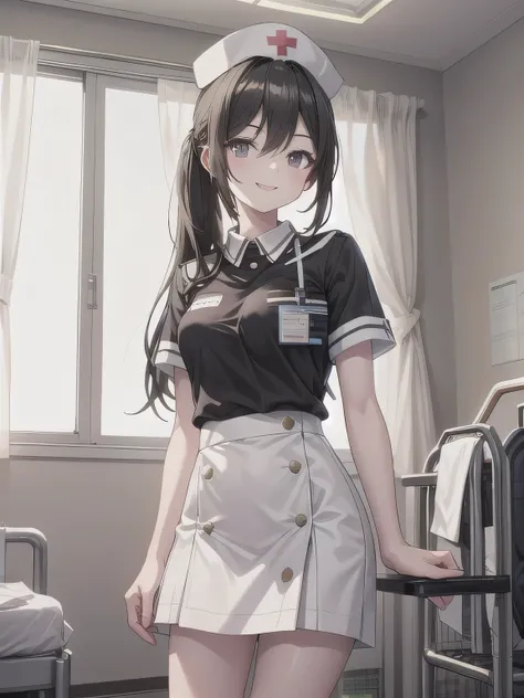 Depict a 20-year-old, very beautiful woman in a hospital room. She is wearing a nurse cap and a mini-skirt style white uniform. Her expression is shy, and she is smiling gently. The setting includes medical equipment and furnishings typical of a hospital r...