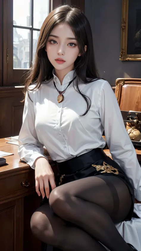 (Absurdly, high quality ,  very detailed,32K、 HD、Ultra HD、 golden ratio face、 is present、 complicated、 Heidi Teal、 ultra high resolution)、(((Female Chief Cabinet Secretary sitting on the chair in front of her desk 、 fantasy、many medals 、uniform、 black suit...