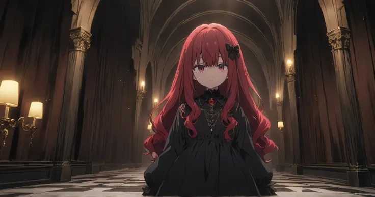 Mansion　Gothic　Girl with long red hair　indoor　Anime anime keyvisual, Alone, cowboy shot, eyes half-closed,