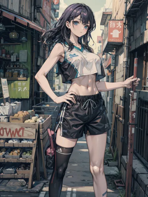 perfect anatomy, correct body, earring, narrow waist, black hair, huge breasts, outdoor, cowboy shot, crop top, shorts, sports uniform,