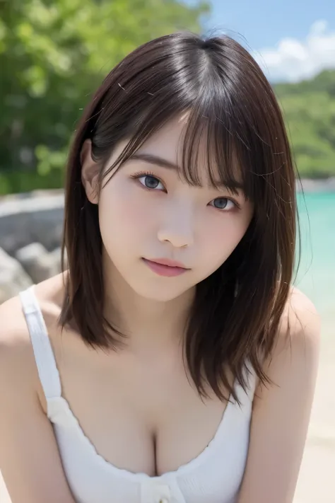  photos、 masterpiece、 top quality、 high resolution、Summer sky、Summer Clouds、Summer Sea、Summer Sea岸、Summer beach、日本人美女の photos、（white tight see-through blouse、 sleeveless）、( big breasts:1.3)、Soft Breasts、( cleavage)、 cute乳首、 small nipples、１Beautiful Japanes...