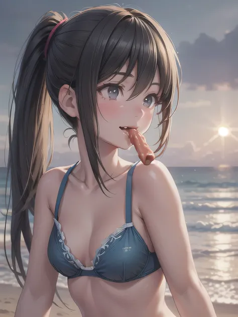 NSFW, Draw the character from the waist up. She is holding a thick sausage on a skewer with both hands and biting into it, capturing a candid and delicate moment. She is wearing a blue bikini swimsuit. her shy blush adding a sense of innocence and subtle v...