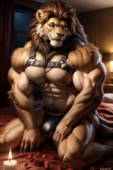 ((By Chunie)), ((By Zaush)) ((By Darkgem)), ((By Anhes)), handsome, sexy, hot, cute male furry anthro ((Lion)) ((laying on bed on side position doing a sexy pose with one leg bend over the other leg and having elbow rest on bed, head rest on first, naked i...