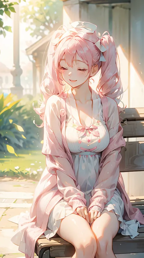 1girl, Pink Twin tails Hair, Curvy Body, White One-piece Loose Dress, Pink Cardigan, White hat, Eye closed, Laugh, sit on a bench, shiny day, sun rays, park.