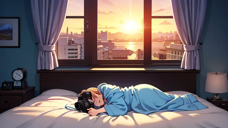 A cozy bedroom with soft pastel tones. The camera glides smoothly, revealing a Pixar-style  peacefully sleeping under a warm blanket. The window shows a golden sunrise as gentle light fills the room. A friendly alarm clock on the nightstand shows '06:00 AM...