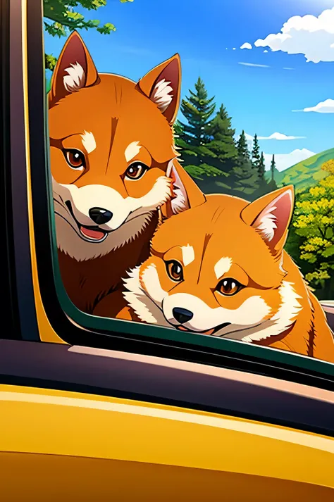  Masterpiece,  top quality, Photo is present,  is present,  photos, Shiba Inu peeking out of a car window