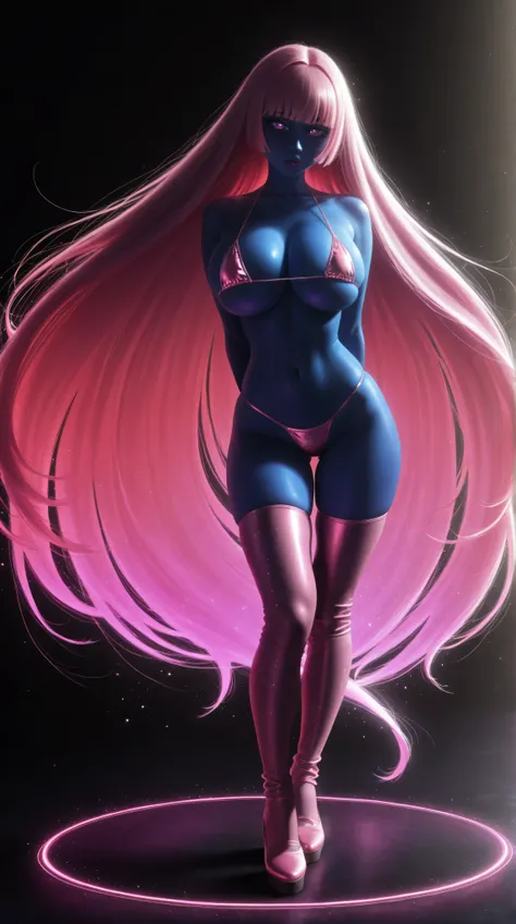 Create an abstract creative arts design, something like a collage, inspired by the art of Moebius, petite japanese girl in a metallic pink micro bikini, full body, (blue skin), (anime), manga, sexy, sparkles, ((long flowing pink hair)), (((bangs))), ((Glit...