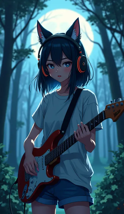  Anime style, girl with wolf ears wearing headphones playing a rock guitar in the woods under the moonlight