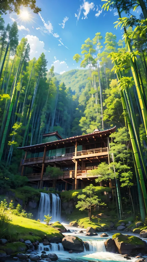 master piece,best quality, high definition ,solar punk,river,Bamboo forest