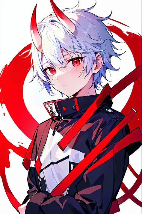 [(WHITE BACKGROUND:1.5),::5], ((((masterpiece)))), high quality, ultra_very_high_resolution, large_filesize, full color, (((solo boy))), ((oni younger boy)), (((White short hair))), red eyes, anime, (upper body), (oni horn), neon light, black parka,