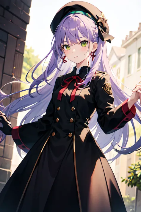  1 girl,  full picture、 light purple hair 、 long hair、Yellow-green eyes、 black big beret、Gear Aura 、 red ribbon、 Gear Accessories 、 sounds fun、Holding hands with someone、 long skirt