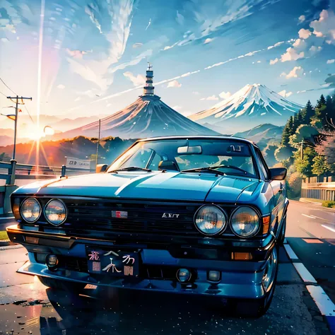(japan car, old cars:1.1, drift),(Mount Fuji:1.1, fogg:0.9),(best quality, 4k, ultra-detailed, realistic:1.37), (landscape), (vivid colors, warm tones), (soft lighting) (datsun 510)