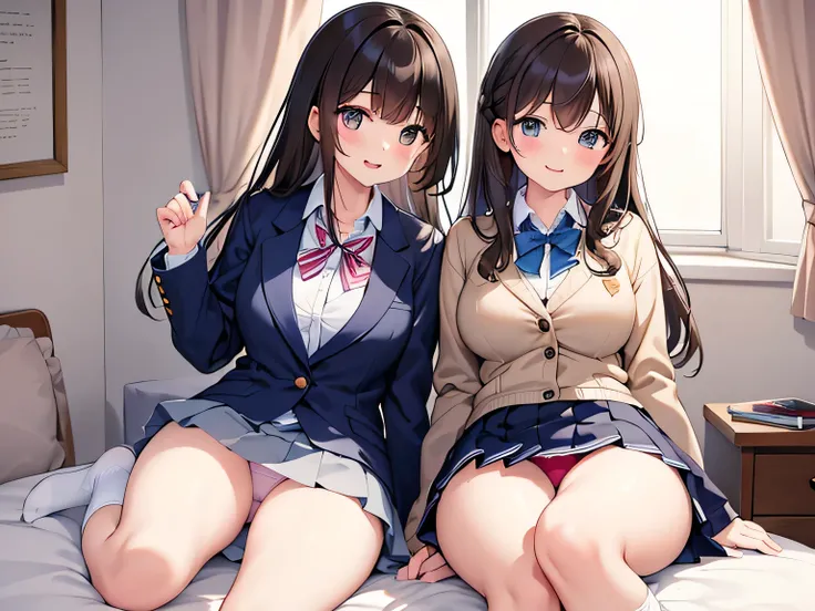 (Masterpiece, top quality, high resolution, realistic photos, realistic looking skin:1.1),
(High school girl sits on bed in her room and shows panties:1.8),
(Make sure she has a happy, smiling expression: 1.5),
(The high school girl is wearing a navy blue ...