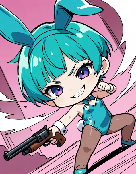 ((chibi)),dutch angle,solo,(hard fighting stance),(evil grin),emerald blue short pixie cut,blunt bangs,bunnysuits,punch action,ハイヒール,(manga style),(sketch),(illustration),