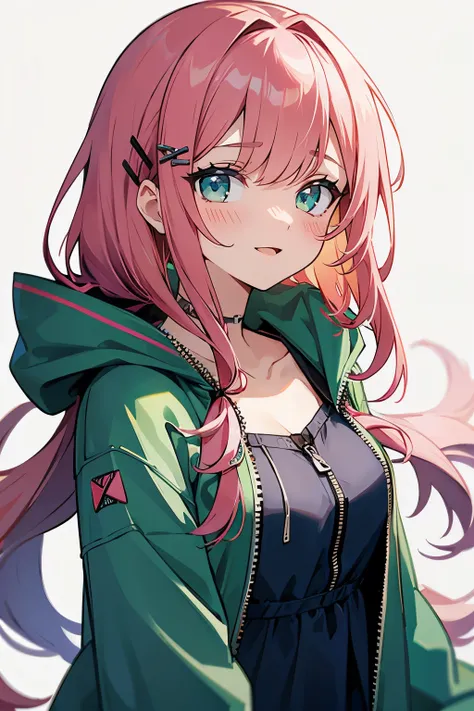 (masterpiece:1.2), (high quality:1.2), girls with(((1girl, solo, hair clips, Blue Dress, collarbone, Lace dress, Pink hair, Green eyes, long hair, Ribbon))), (((khaki hoodie, green hoodie, hood down, hooded coat, hooded jacket, hoodie, jacket, long sleeves...