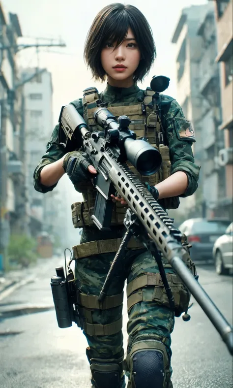 (Best quality, 8k, photorealistic: 1.37),  photorealistic、 realistic skin texture、A beautiful Japanese woman belonging to the military 、 walks towards her while carrying a sniper gun、Accurate Fitment、Ruined city、 Moving Poses 、 full body photo、 blurry back...