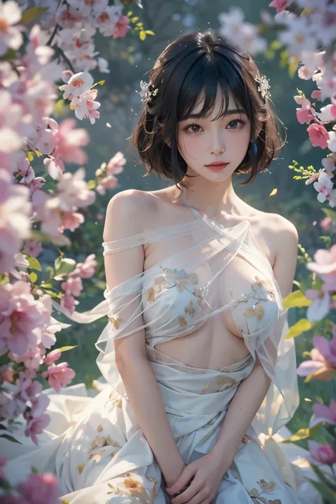    portrait of a young Japanese woman   、  one girl 、1、 alone、(  the whole picture is shown  )、(  topless)、(  wrap your naked body with a transparent organza )、(  taken from above )、(   lie down and masturbate :1.2)、( Touching the nipples with your fingers...