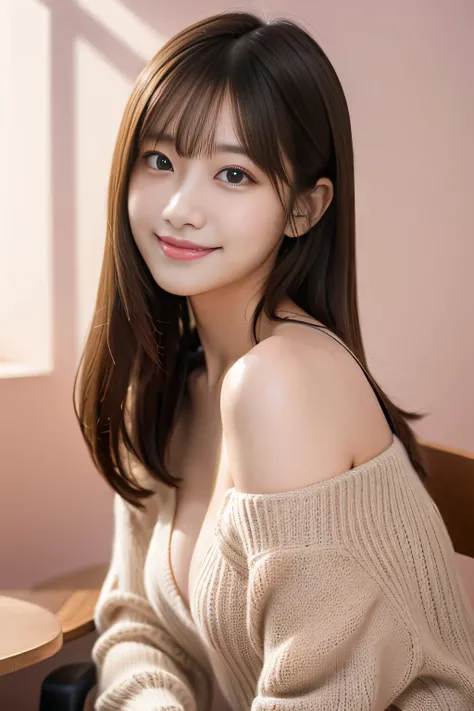 ( Masterpiece、 top quality、16K resolution)、 in the seat、Alone、Age 19、 so cute、 Japanese woman、 super beauty、smile、 detailed face、 detailed eyes 、 long hair、 brown hair、 floating hair 、Light bang、Asymmetrical bangs、 hair is unkempt、 Shiny Hair、 straight hai...