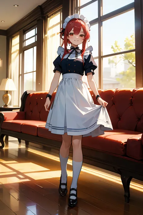  luxury mansion living room、ドアの前に立tメイド、 full shot、You can even see the feet、whole body、 standing。girl maid 、 cute、smile、 beautiful girl、navy blue maid clothes、white frilly apron 、Red Hair、 shoulder-length hair、 high socks、 strap shoes 、Leather shoes、 has O...