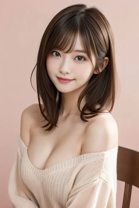 ( Masterpiece、 top quality、16K resolution)、 in the seat、Alone、Age 19、 so cute、 Japanese woman、 super beauty、smile、 detailed face、 detailed eyes 、 long hair、 brown hair、 floating hair 、Light bang、Asymmetrical bangs、 hair is unkempt、 Shiny Hair、 straight hai...