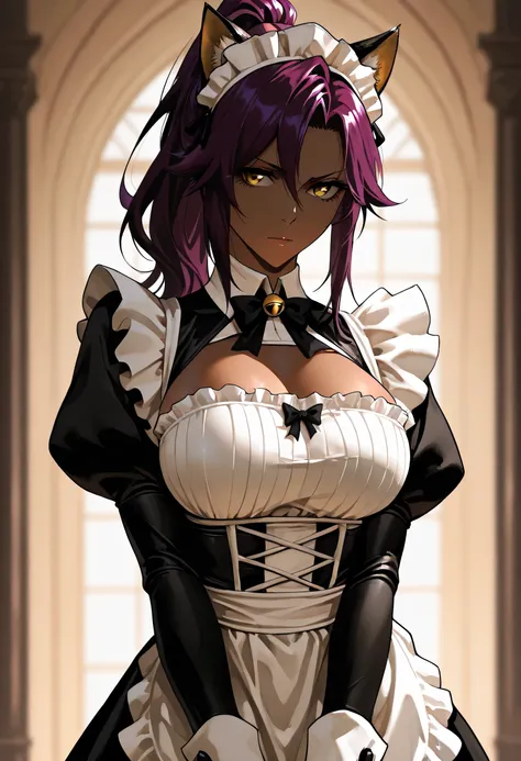  Masterpiece,  top quality,  lively,  so aesthetic,  high contrast,  One night in Sifengyuan, bleach、 1 girl, solo,  purple hair , ponytail,full bust,athletic,(Dark-skinned ) , golden eyes,(Cat ears) ,maid apron,