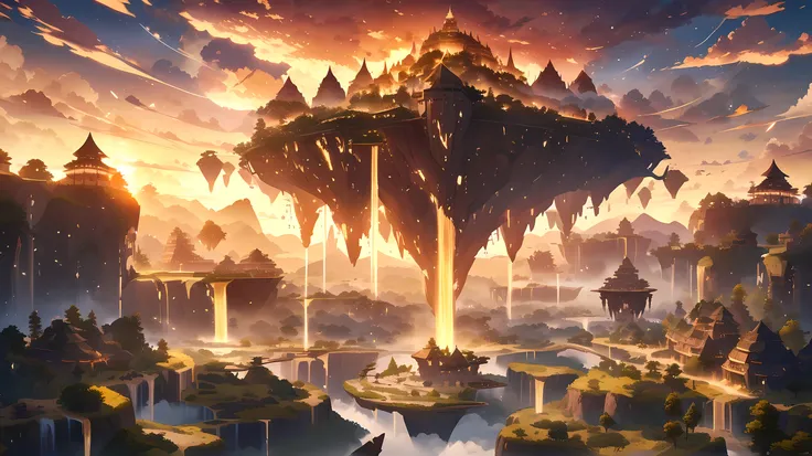 Majestic floating islands with ancient ruins, glowing waterfalls cascading into the sky, and a golden sunset. Misty clouds surround the floating land, creating a divine, dreamlike atmosphere. Anime style, highly detailed