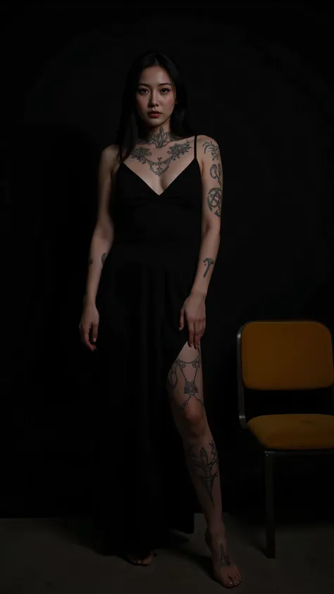 Several tattoos of Wicca symbols on the neck and arms and legs of a woman in a long dress standing in a black studio with a yellow chair 