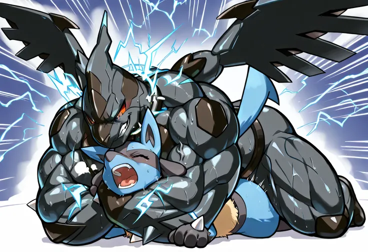 4k ultra quality, 4k full body view,masterpiece quality, large zekrom, small lucario, wrestling,Rear_Naked_Choke, choke_hold,(zekrom is giant bulky muscular, massive strong body, open eyes, evil grin, looking down, erectric shock, thunder body, sweaty, ste...