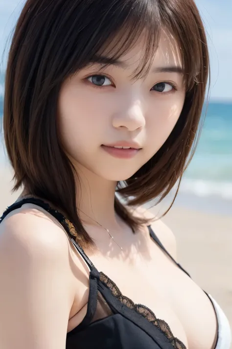  photos、 masterpiece、 top quality、 high resolution、 and the background is a summer sky and summer sea、I can see the horizon、A beautiful Japanese woman is standing on a summer beach、（white tight see-through blouse、 sleeveless）、( big breasts:1.3)、Soft Breast...