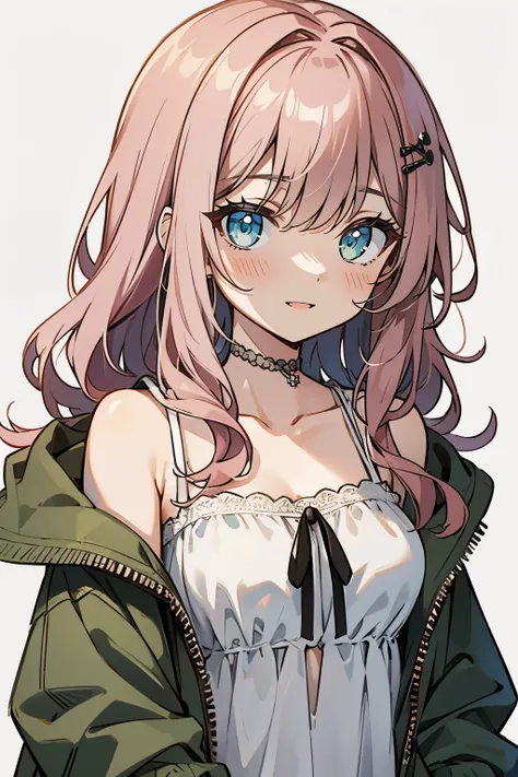 (masterpiece:1.2), (high quality:1.2), girls with(((1girl, solo, hair clips, camisole, bare shoulders, collarbone, Lace dress, Pink hair, Green eyes, long hair, Ribbon))), (((khaki hoodie, green hoodie, hood down, hooded jacket, jacket, long sleeves, mediu...