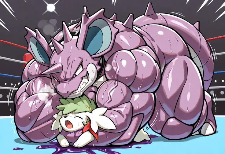 4k ultra quality, 4k full body view,masterpiece quality, large nidoking, small shaymin(sky forme), wrestling,Rear_Naked_Choke, choke_hold,(nidoking is giant bulky muscular, massive strong body, open eyes, evil grin, looking down, sweaty, steamy breath, poi...