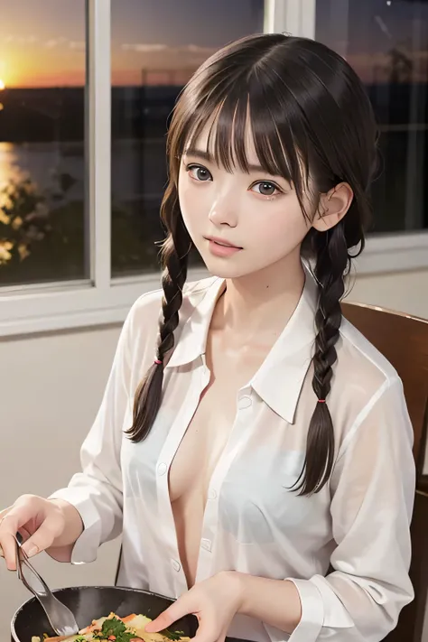 (8k, RAW photo, photorealistic:1.25), (lip gloss, eyelashes, Shiny surface, Glossy Skin, best quality, ultra highres, allows depth of field), (cleavage, naked shirt, nude, Unbuttoned open shirt:1.4), (wet hair, short two braids hair:1.5), (Color Difference...