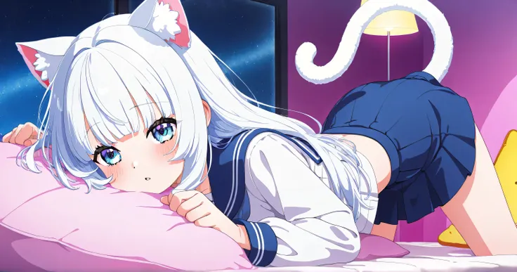 "VTuber girl white hair sky blue eyes cat in blue and white sailor school uniform,  short skirts,  cat's ears, Normal tail and expression kawaii .  She makes a playful pose saying 'nya ~'.  Background of a gamer room with RGB lights and modern setup .  Let...