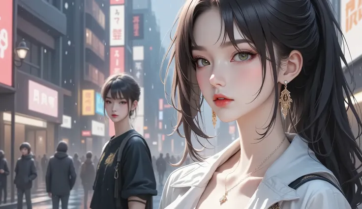 woman, very tall, with thick thighs, wide hips, long legs, street wear, high heel, and a slender waist. Dark green eyes, long flowing black hair In a high ponytail. Alluring, looking directly at the camera. Giant ultrafast dichroism and birefringence with ...
