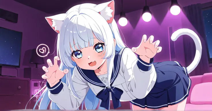 "VTuber girl white hair sky blue eyes cat in blue and white sailor school uniform,  short skirts,  cat's ears, Normal tail and expression kawaii .  She makes a playful pose saying 'nya ~'.  Background of a gamer room with RGB lights and modern setup .  Let...