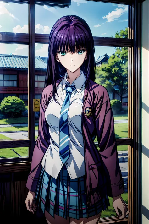  Smile Face,  blazer uniform,赤  purple hair,  Green Eyes ,  eyes like jewels, 超 high resolution, (((  Green Eyes))),赤  purple hair,  beautiful anime high school girl,( Masterpiece:1.2, 最  high quality ), ( exist, photo exist:1.4),  beautiful illustration, ...