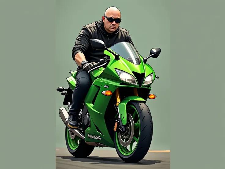 generate a cool ai image for my friends birthday he likes motorbike specifically Kawasaki Superbike 1400 with Kawasaki green color and he use to be a biker part of the Iron Maiden biker club make sure the iron maiden is visible he is a white bold guy with ...