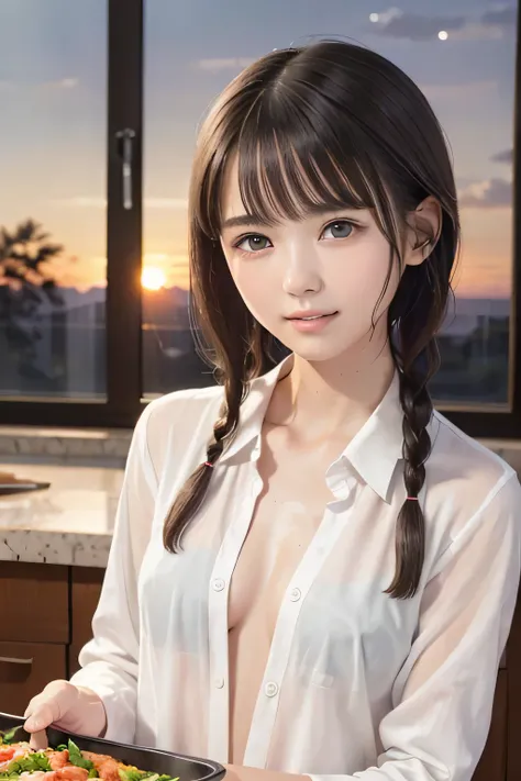 (8k, RAW photo, photorealistic:1.25), (lip gloss, eyelashes, Shiny surface, Glossy Skin, best quality, ultra highres, allows depth of field), (cleavage, naked shirt, nude, Unbuttoned open shirt:1.4), (wet hair, short two braids hair:1.5), (Color Difference...